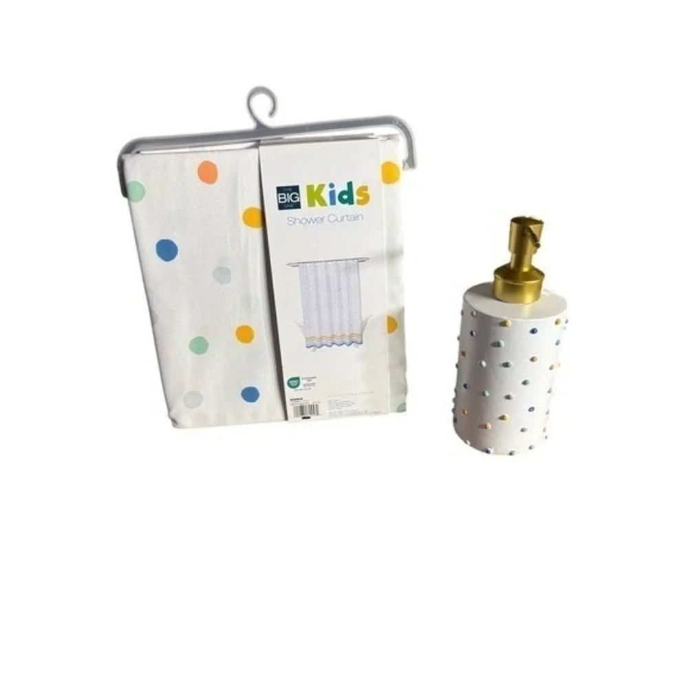 The Big One Polka Dot Bathroom Set Shower Curtain Soap Dispenser & Bath Mat NEW